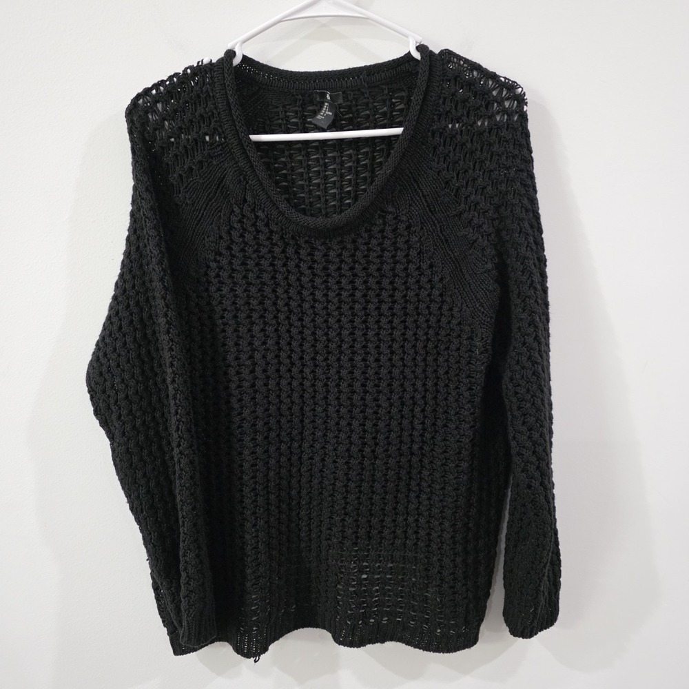 Hm Womens Black Knit Roll Neck Sweater Size Large‎ Sheer Open Knit Whimsigoth
